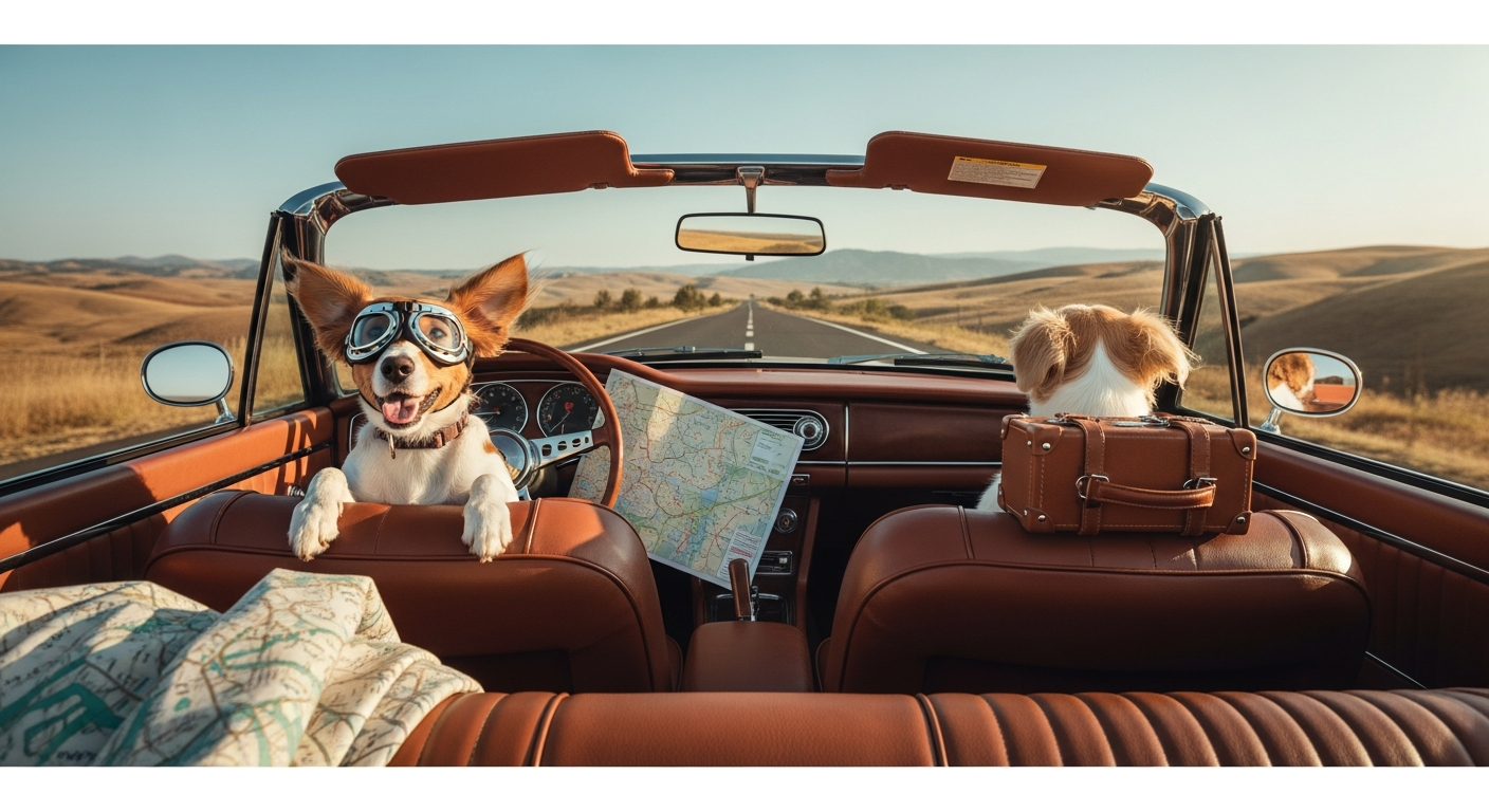 A dog in driving goggles riding in a vintage convertible through golden hills