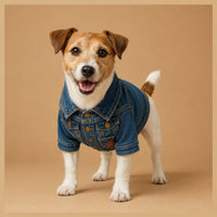 Dog wearing blue denim jacket