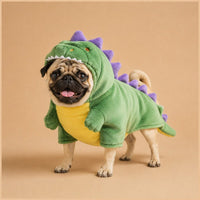 Pug wearing green plush dinosaur costume