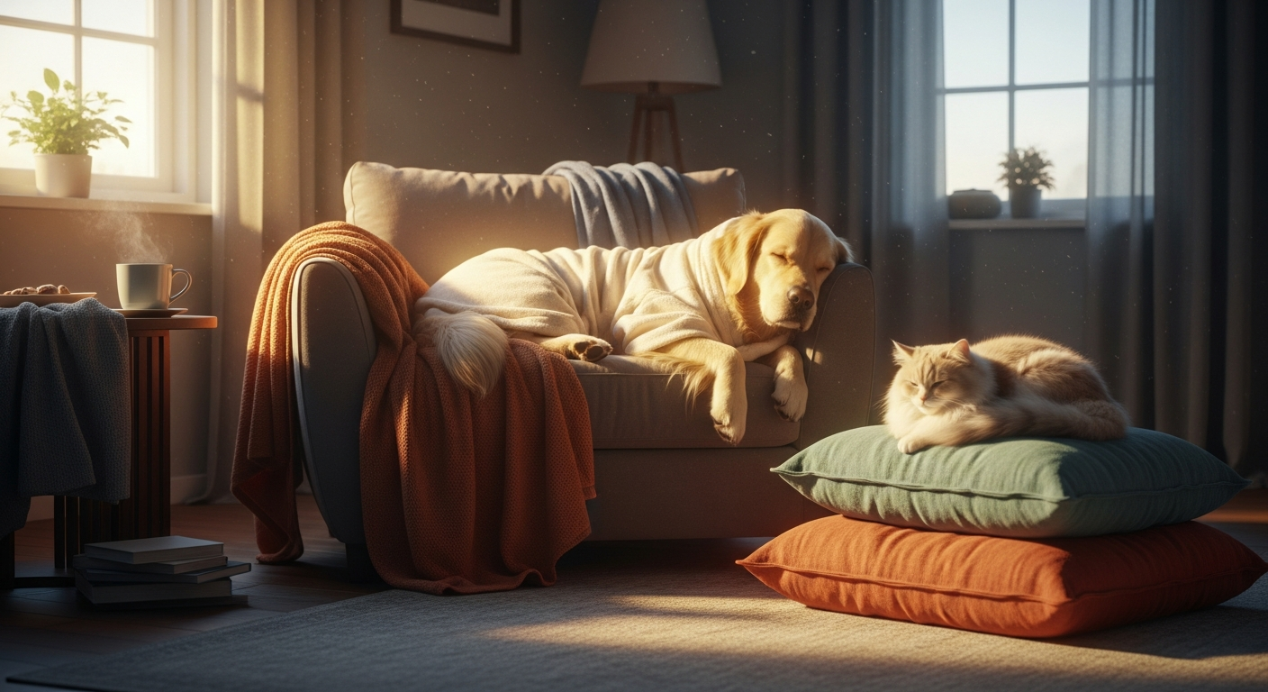 A dog and cat resting in a sunlit living room