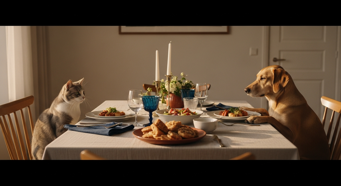 A dog and cat seated at a candlelit dinner table