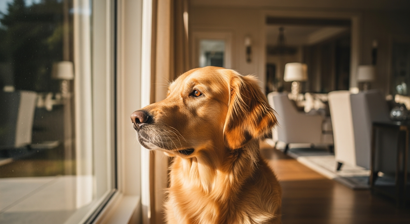 Golden retriever looking thoughtfully out a window in warm light