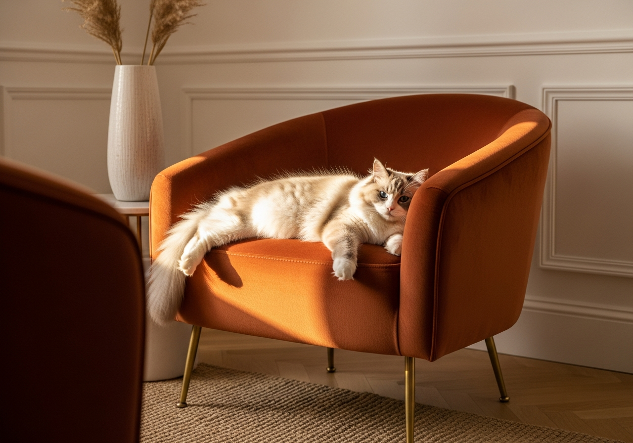 Pampered cat lounging on designer chair
